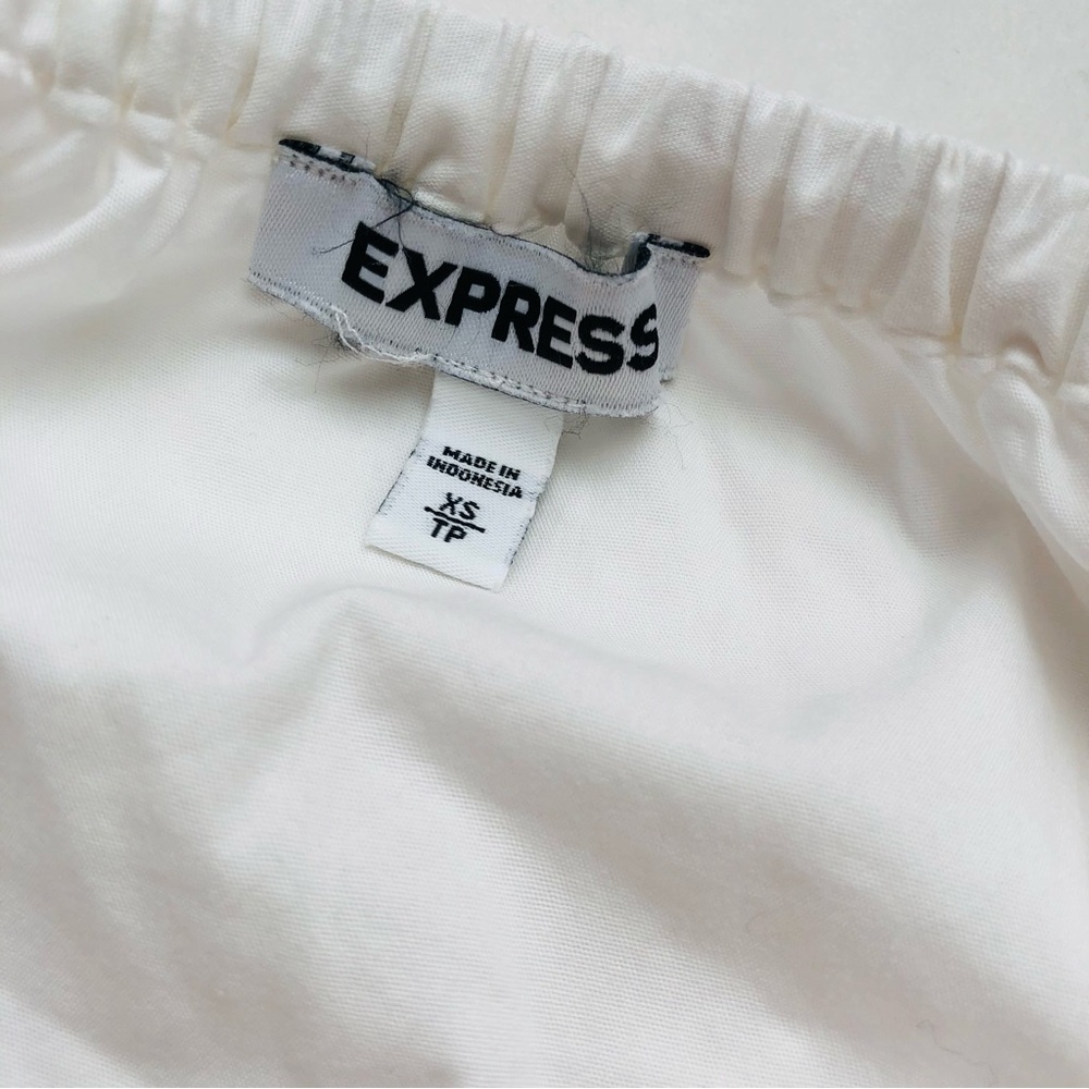 White Off-Shoulder Crop Top with Blue Lace Trim • Express Size XS - Picture 6 of 11